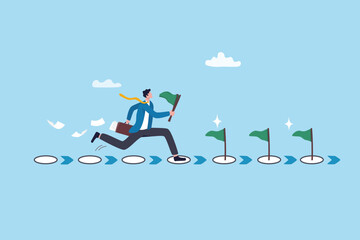 Fototapeta na wymiar Milestone or roadmap achievement, business success journey, progress to reach goal, motivation to accomplishment, aspiration concept, businessman run to grab completed milestone success flag.