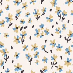 Seamless floral pattern, liberty ditsy print of pretty mini flowers. Cute botanical design in country motif, abstract composition of small hand drawn daisy flowers, tiny leaves. Vector illustration.