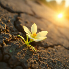 Defiant Bloom in Concrete &ndash; Cinematic Symbolism of Resilience with Creamy White Flower in Shattered Urban Landscape