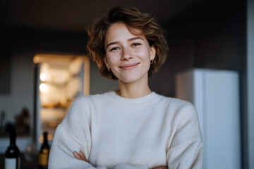 Obraz premium Beautiful woman in cozy loungewear relaxing indoors with soft natural lighting