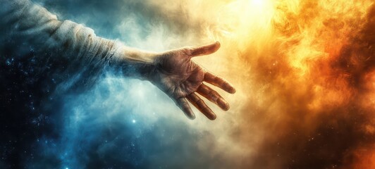 Christs outstretched hand extending through time