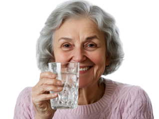 Smiling senior woman holding a glass of clear water on a white background