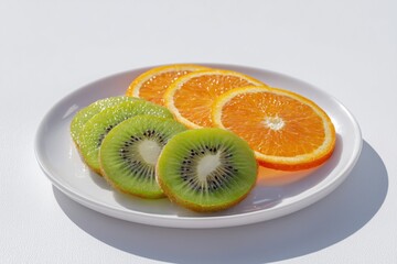 Sliced oranges and kiwis beautifully arranged on a plate with a bright, white background.
