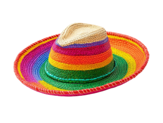 A vividly colored woven sombrero hat isolated against a clean white background