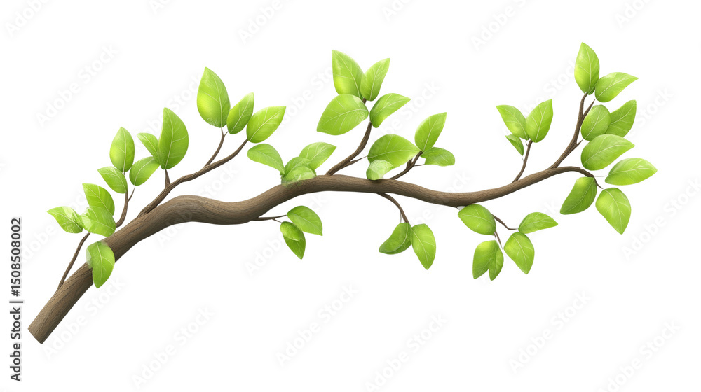 Poster digitally rendered branch with vibrant green leaves against white space backdrop