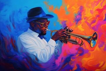 Vivid digital artwork of a jazz musician in a hat and sunglasses playing trumpet, surrounded by vibrant swirls of color and energy.
