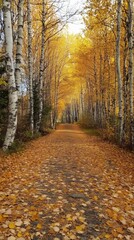 Fototapeta premium Colorful autumn trail lined with golden leaves and birch trees in a serene landscape
