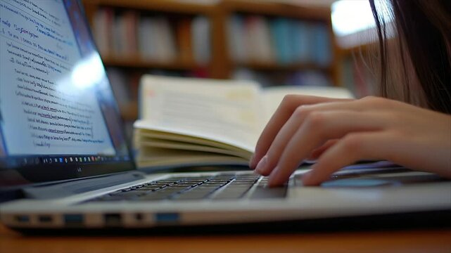 Student working on laptop in library. Focused on research