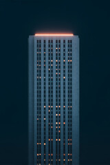 Moody skyscraper with mysterious red light in dense urban fog at dusk