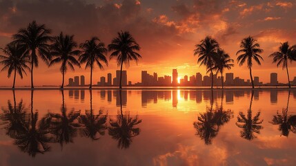 Obraz premium City skyline framed by palm trees during a vivid sunset, reflections shimmering on calm water. Beautiful urban oasis at twilight.