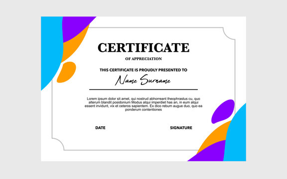 Certificate of appreciation with a blue orange and purple design. - Powered by Adobe