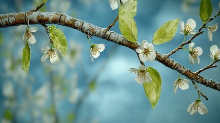 Delicate White Blossoms on Branch, Teal Background