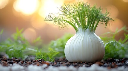 Fresh organic fennel bulb with vibrant green fronds at sunrise high resolution photo