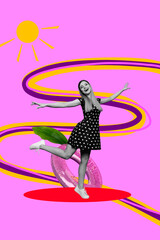 Trendy art creative vertical photo collage of happy girl dance inflatable lifebuoy summer vacation chill season holiday weekend