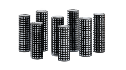 Several graphene supercapacitors are displayed on a transparent background, highlighting advancements in energy storage, nanotechnology, and material science