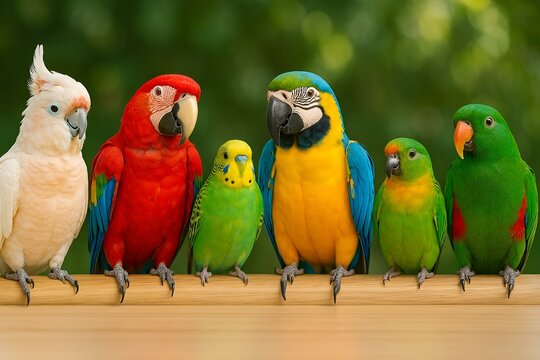 Colorful parrots sitting in a row on a wooden perch, close-up