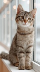 Adorable tabby kitten sitting attentively on a windowsill with soft daylight illuminating its fur. Involving pets, adoption, home life or animal companionship, lonely time