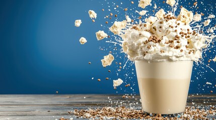 Delicious Latte with White Whipped Cream and Sprinkled Chocolate on Blue Background