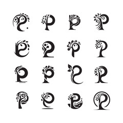 Modern Letter P Tree Logo Icons with Fluid Natural Shape Design, Botanical and Eco-Friendly Vector Symbols for Branding, Minimal Organic Style Collection

