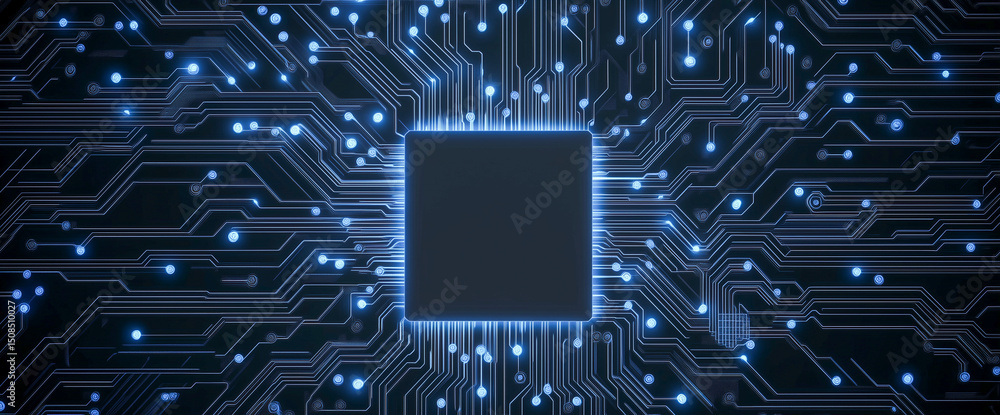 Poster glowing blue circuit board with central processor, representing artificial intelligence, technology,