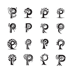 Elegant Letter P Logo Set with Tree and Fluid Shape Fusion, Organic Branding Design Elements, Nature-Inspired Vector Icons for Eco and Minimalist Brands

