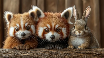 Group of Three Adorable Red Pandas, a Squirrel and a Bunny Sitting Together on a Log