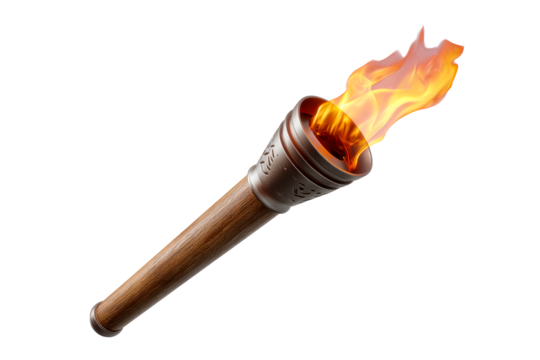 Flaming torch with wooden handle on transparent background