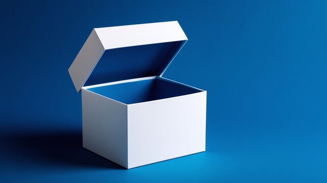Minimalist shot of a white, open box, with a blue interior, against a monochromatic blue background. Perfect for abstract concepts.