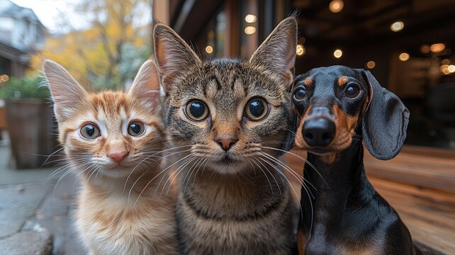 Portrait of a Tabby Cat, Orange Kitten, and Dachshund Dog Together Outdoors in a Cozy Environment