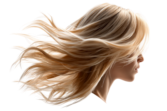 Blonde hair flowing in the wind on a transparent background