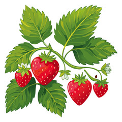 Branch of ripe strawberries color vector illustration. Image of summer red berry with leaves on isolated background. For packaging design and print for clothes