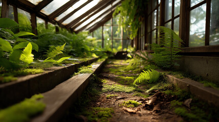 Floor of greenhouse lost under thick green moss and ferns, soft beams of light, peaceful decay