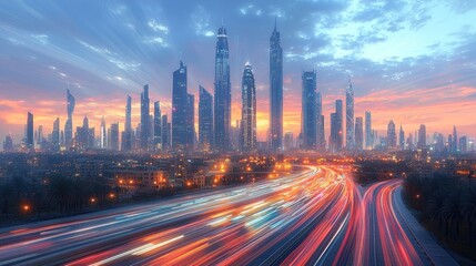 Obraz premium Dubai Skyline at Dusk, Breathtaking Panorama of City Lights and Dynamic Highways