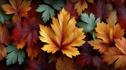 A vibrant collection of autumn leaves in various colors scattered on a wooden surface