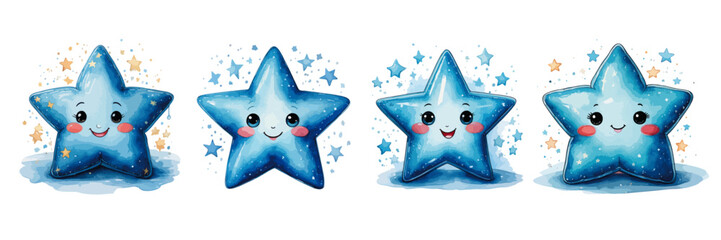 Blue stars - vector watercolor illustrations for Baby Shower for boy, for birthday
