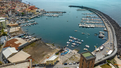 Aerial view of the port of the city of Torre del Greco in the province of Naples, Campania, Italy....