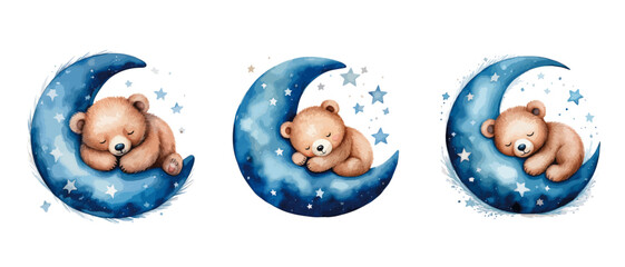 Teddy bear sleeps sweetly on the moon, in blue shades - vector watercolor illustrations for Babyshower for boy, for birthday