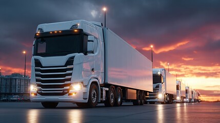Convoy of modern cargo trucks at twilight against a picturesque sky, symbolizing logistics, transport, and commercial trucking industry operations.