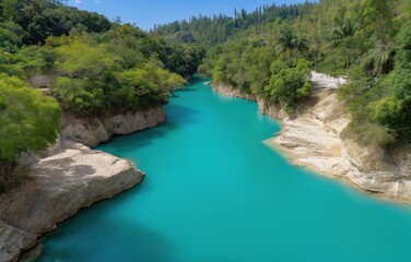 Obraz premium Stunning turquoise river winding through a vibrant jungle paradise showcasing a tranquil natural landscape