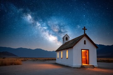 Small church illuminated under the milky way in the desert