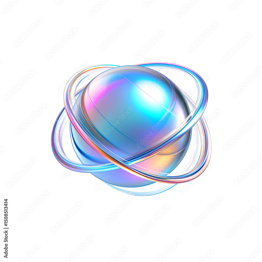 Poster abstract iridescent sphere with glowing rings design on transparent background
