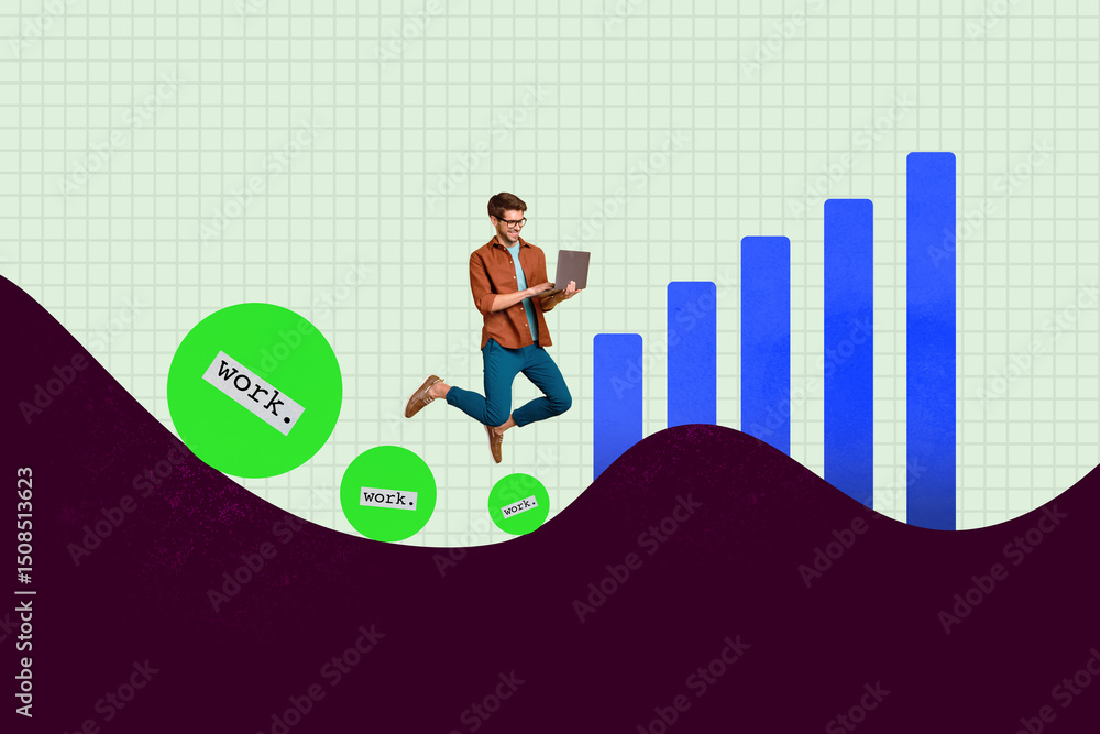 Aufkleber Poster picture collage of person use netbook stand front charts with back circle work on green background