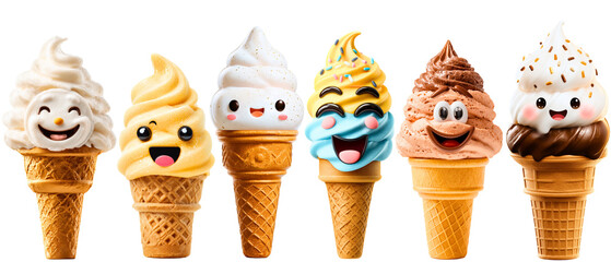 organic, kawaii style smiling ice creams in cone ornament isolated on white (transparent) background