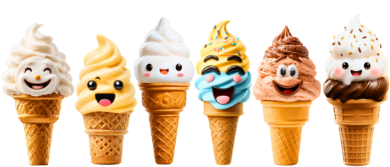 organic, kawaii style smiling ice creams in cone ornament isolated on white (transparent) background