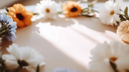 Colorful flower arrangement on a soft surface creating a serene atmosphere in natural light