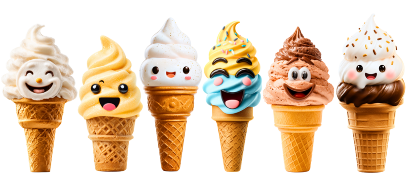 organic, kawaii style smiling ice creams in cone ornament isolated on white (transparent) background