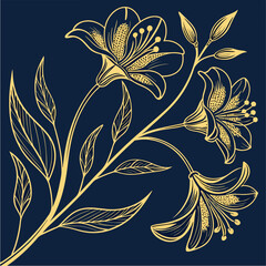 Elegant Botanical Line Art of Lily Flowers on Dark Background
