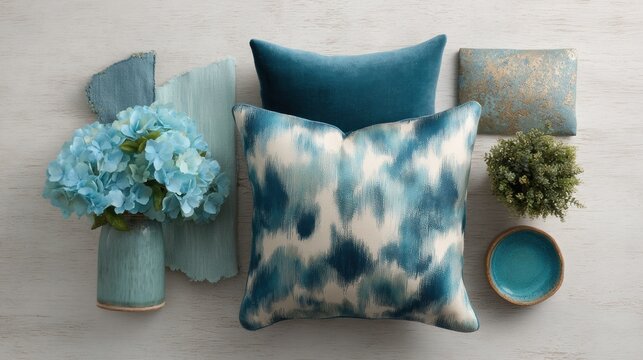 Interior design mood board sketches showcasing fabrics, colors, and decorative elements for a contemporary living space
