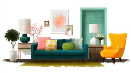 Interior design mood board showcasing vibrant colors and modern furnishings for a cozy living space