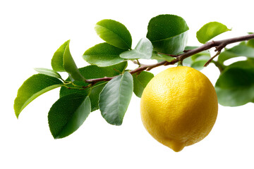 Fresh lemon hanging from green branch under natural light